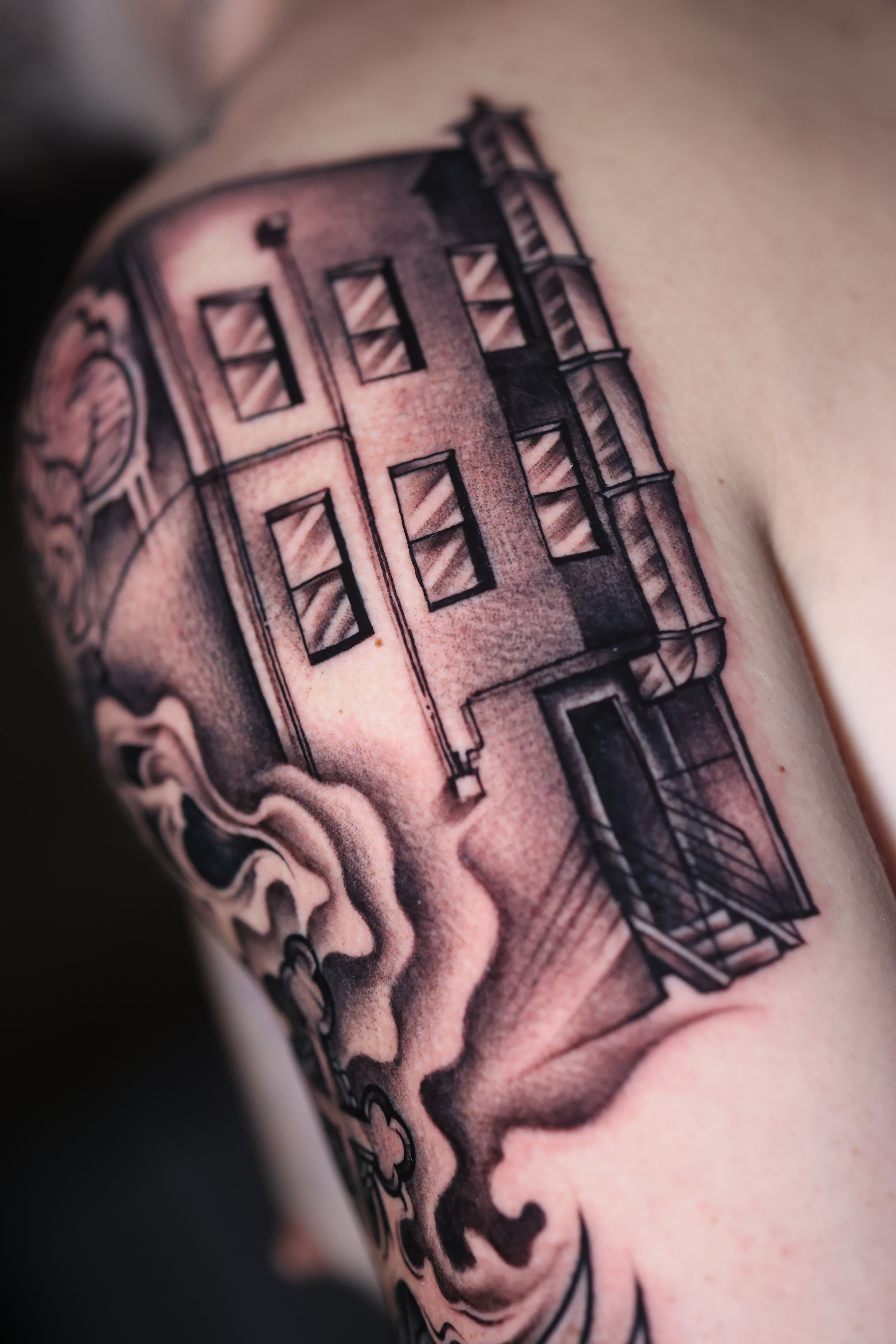Black and grey architecture and abstract tattoo by Riverón